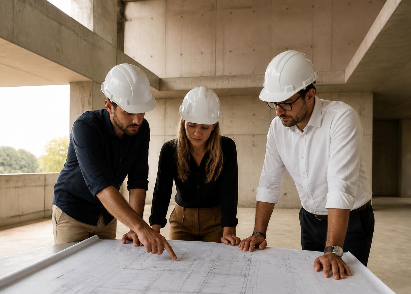 Engineers and architects reviewing construction drawings on site