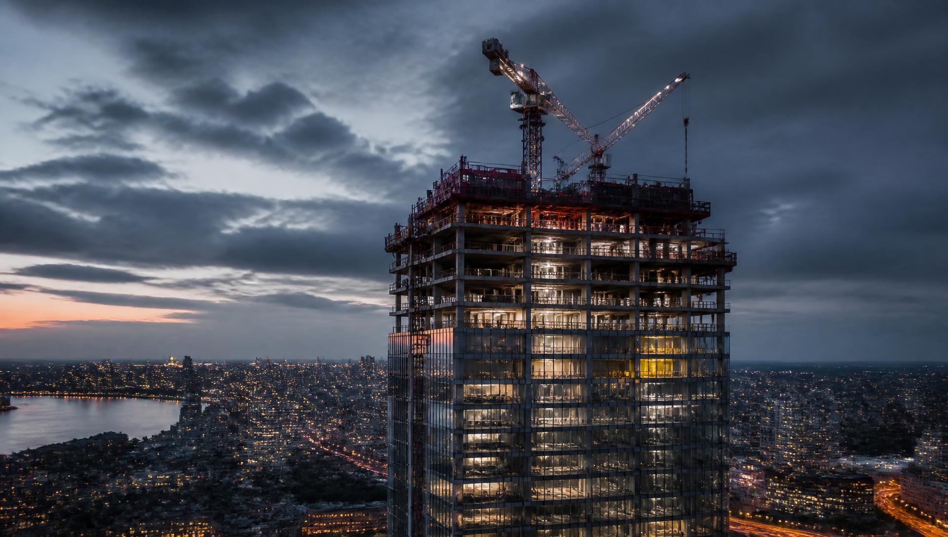 Aureon Buildworks tower under construction at dusk with tower cranes above the city skyline