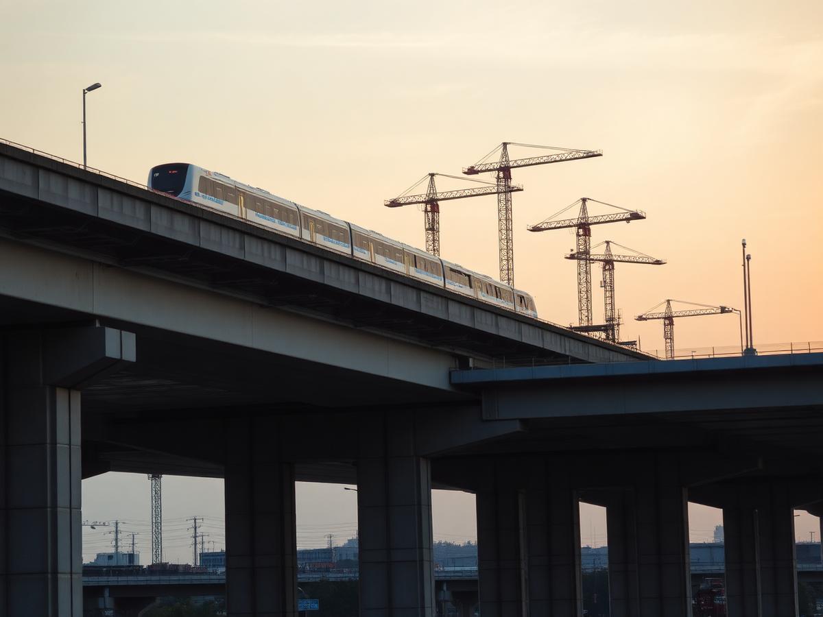 Elevated metro viaduct under construction at dusk