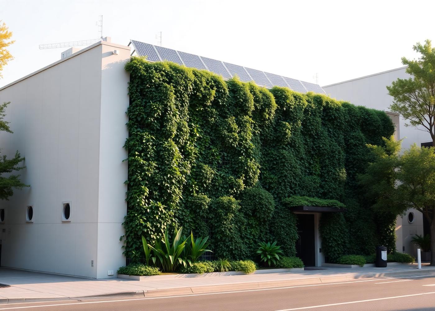 Green-certified office building with vertical planting and rooftop solar panels